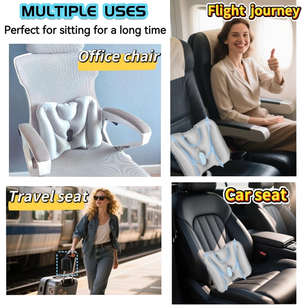 Travel Lumbar Pillow Inflatable Lumbar Support Pillow for Airplane Travel, Back Support Pillow for Office Chair/Car, Lumbar Pillow for Lower Back Pain Relief and Improve Posture, Easy to Carry, Grey