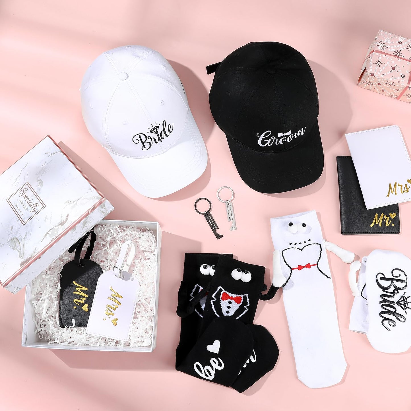 Fingertip WD 12 Pack Wedding and Engagement Gift for Couples, Bride and Groom Baseball Caps Magnetic Couple Socks for Bridal Wedding Honeymoon Trip Travel Men Women Gift