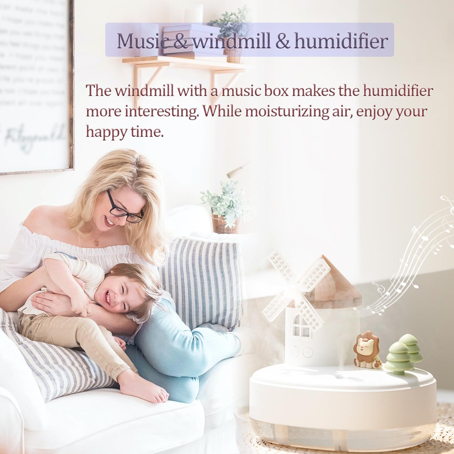 Humidifier for Bedroom,Portable Humidifier,Baby humidifier with rotating windmill and music box,double spray nozzles,two spray modes and Ambient Light,suitable for children,bedroom and office