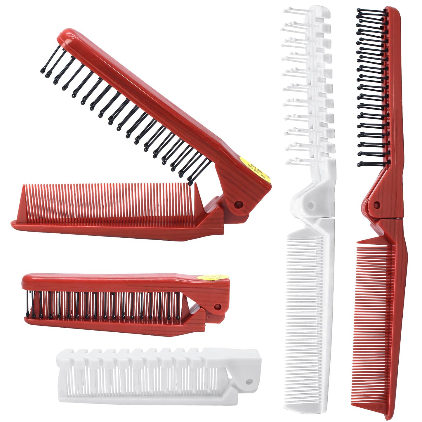 Qjaiune 6PCS Travel Foldable Hair Comb and Brush Set - Anti-Static Mini Pocket Plastic Combs, Double Headed Plastic Hairdressing Tool for Men and Women (White + Burgundy)