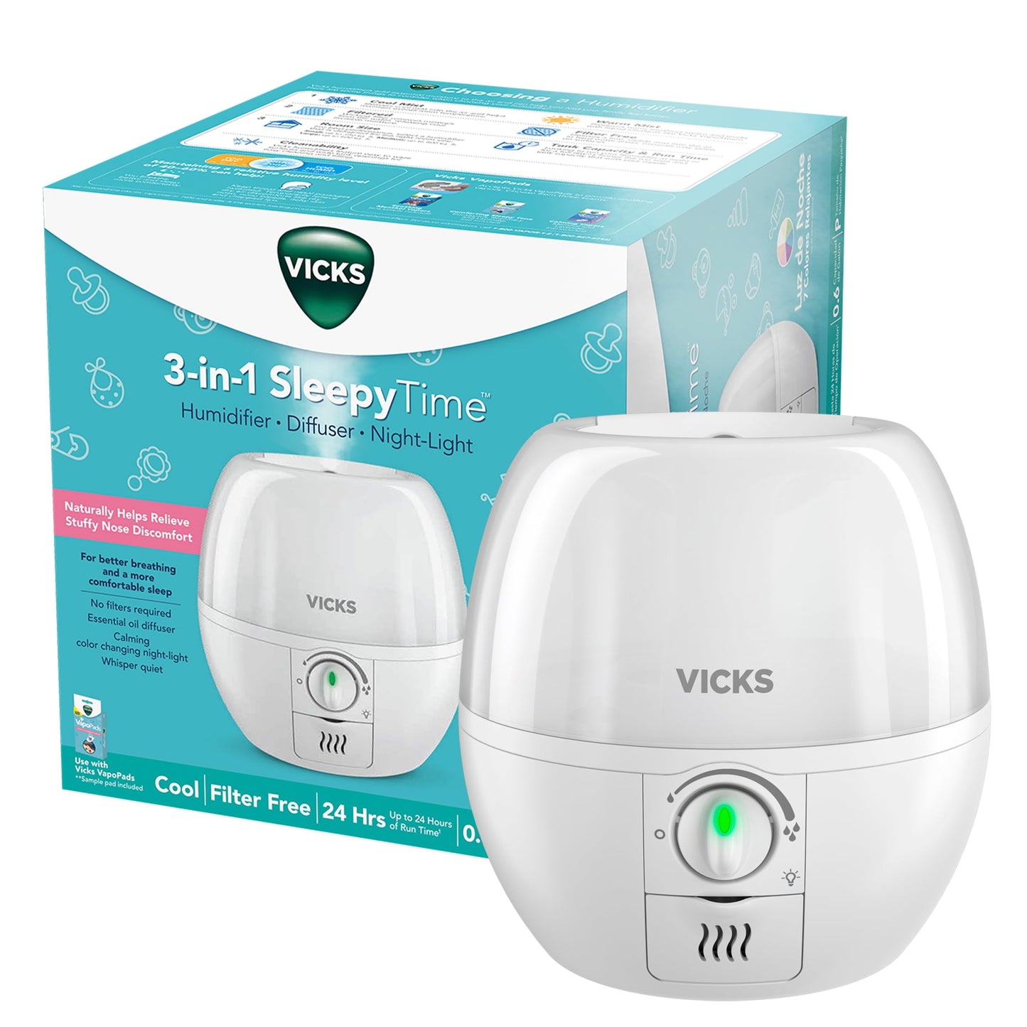 Vicks 3-in-1 SleepyTime Humidifier, No. 1 Brand Recommended by Pediatricians*. Cool Mist Humidifier with Night-Light, and Essential Oil Diffuser for Baby and Kids rooms. Visible Cool Mist, White.
