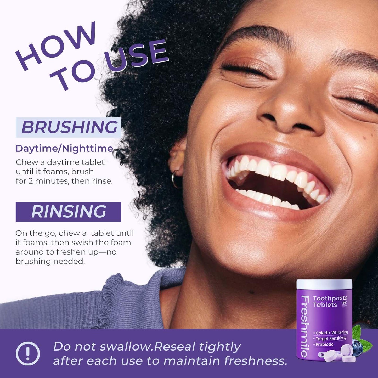 Freshmile Whitening Toothpaste Tablets with Nano-Hydroxyapatite (NHA) Purple Toothpaste for Teeth Whitening Fluoride-Free, for Sensitive Teeth & Gums, Travel-Friendly Tabs (60 Count)