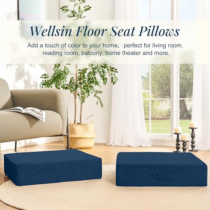 Wellsin Solid Square Floor Pillows for Adults Kids - Large Meditation Floor Pillow Seating Cushion with Thick Foam & Washable Velvet Cover, 1 Pack, 22x22x5 Inch, Dark Blue