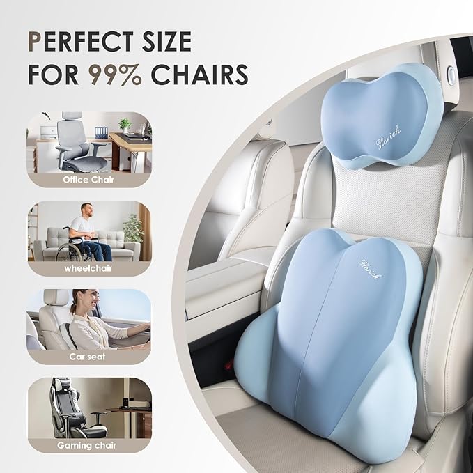 FLORICH Lumbar Support with Car headrest Back Pillow for Chairs Headrest Pillow for Car Ergonomic Ultrathick Memory Foam Back Pillow for Office Chair (Blue)