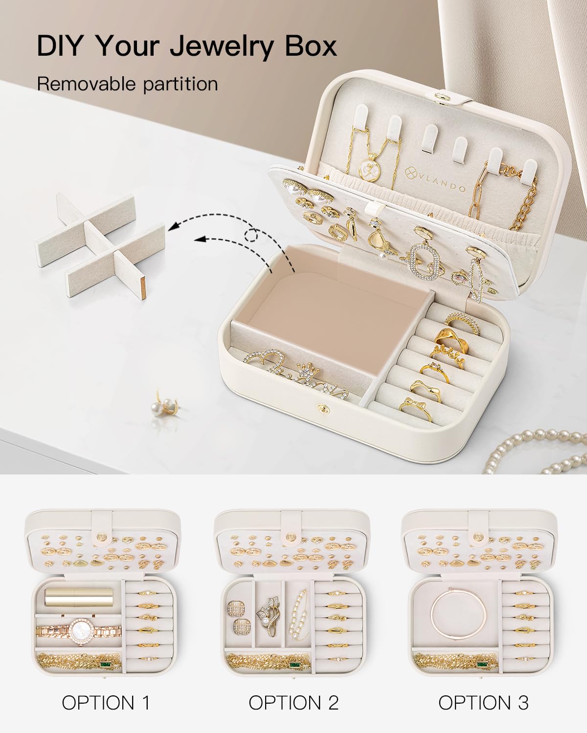 Vlando Travel Jewelry Case for Women Girls Mothers, PU Leather Small Mini Jewelry Box for Rings, Necklaces, Bracelets, Earring Holder Organizer Storage for Travel Accessories, Bridesmaid Gifts - Beige