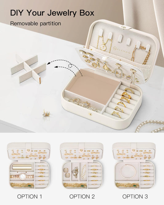 Vlando Travel Jewelry Case for Women Girls Mothers, PU Leather Small Mini Jewelry Box for Rings, Necklaces, Bracelets, Earring Holder Organizer Storage for Travel Accessories, Bridesmaid Gifts - Beige