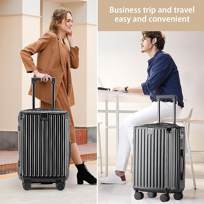 20 Inch Carry On Luggage With Cup Holder & USB Port, Airline Approved TSA-locked Luggage, Lightweight PC Material Travel Suitcase With 360° Spinner Wheel (20in-Black, 20in)