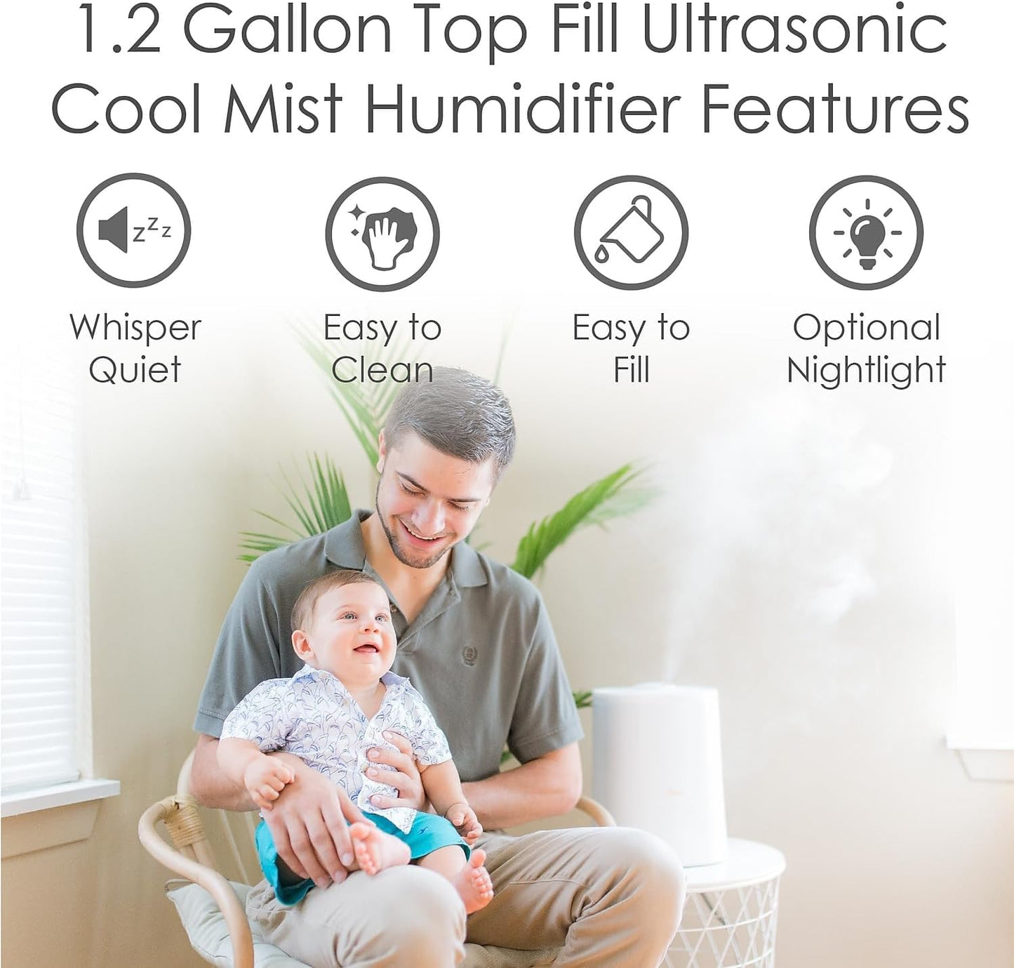 Crane Top Fill Ultrasonic Cool Mist Humidifier for Bedroom and Large Rooms, 1.2 Gallon Essential Oil Diffuser with Nightlight and Auto Shut-Off