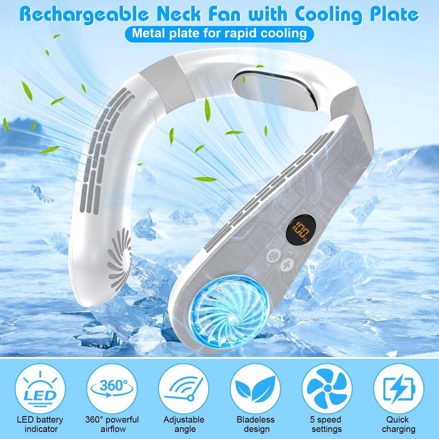 Neck Fan with Cooling Plate,5500mAh Neck Fans that Blow Cold Air Rechargeable Battery Operated,Bladless Quiet Personal Portable Neck Fans for Women Men,Wearable Neck Coolers for Hot Weather (White)