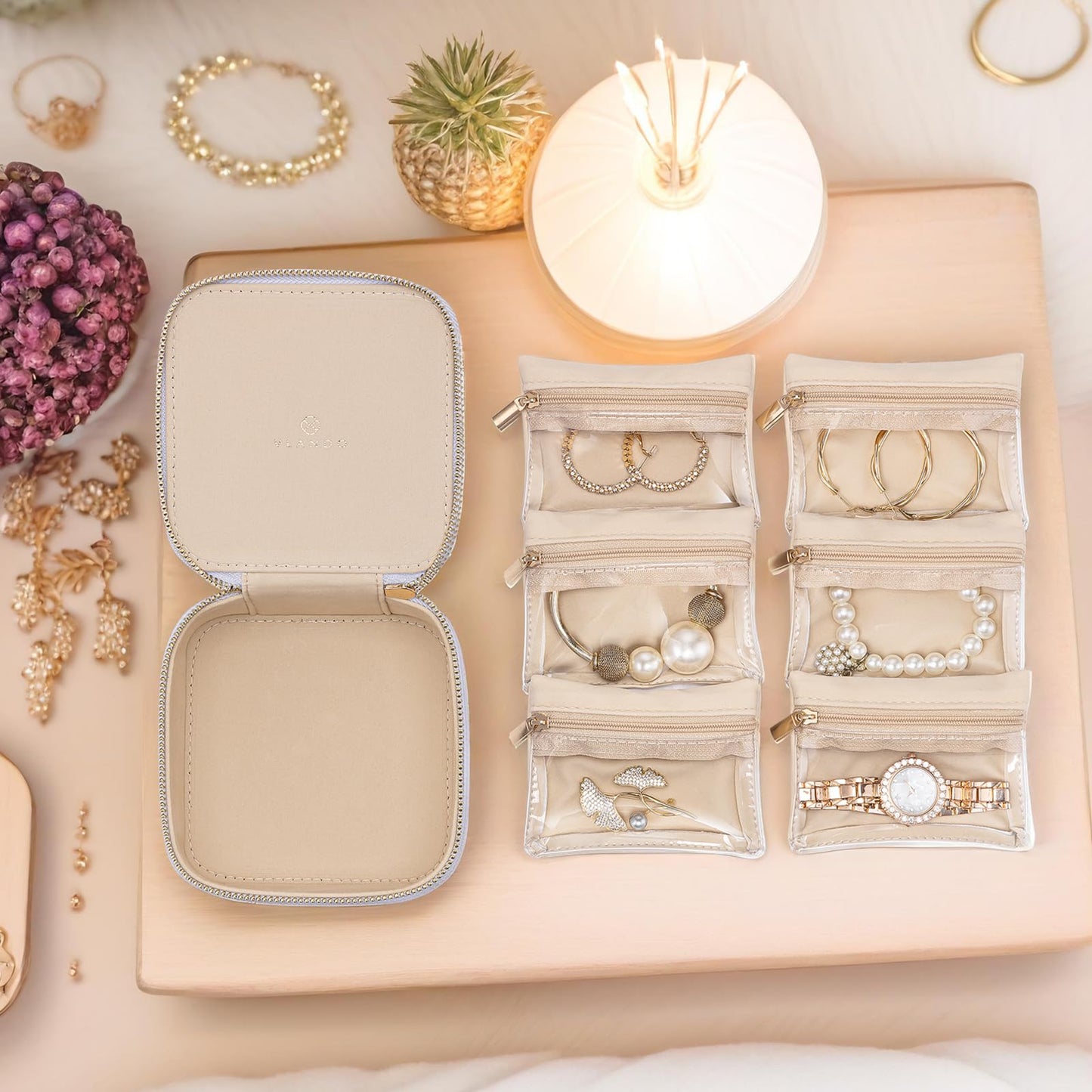 Vlando Travel Jewelry Box Organizer - 6 Small Velvet Zipped Pouches Pockets for Jewelries Necklaces Rings Earrings Sorting Storage, Rosy Mauve