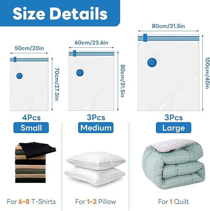 10 Pack Vacuum Storage Bags - Large Space Clothes Storage Travel Bag Hand Pump, No Leakage Compression Plastic Storage Bins Bags Travel Clothing, Vacuum Bag for Blankets Comforters Pillows