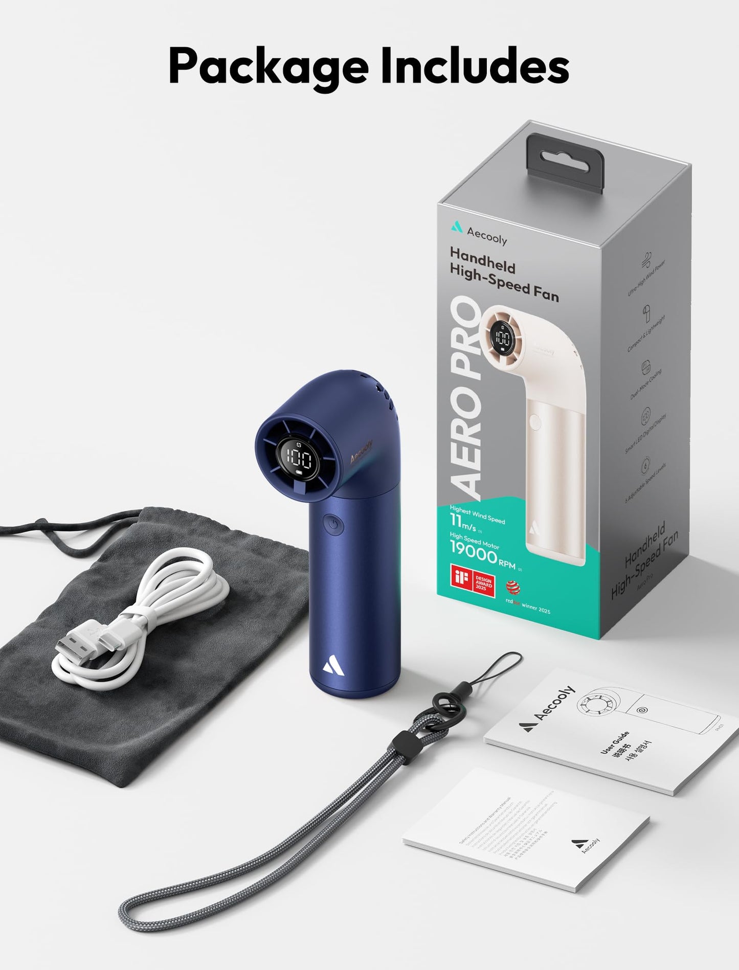 Aecooly Portable Handheld Fan, Powerful Turbo Air Tube Fan, 19000 RPM High Speed Aero Pro, 15H Max Cooling Time, 6 Speeds Aluminum Case, Mini Pocket Design, for Travel Beach Outdoor Activities -Blue