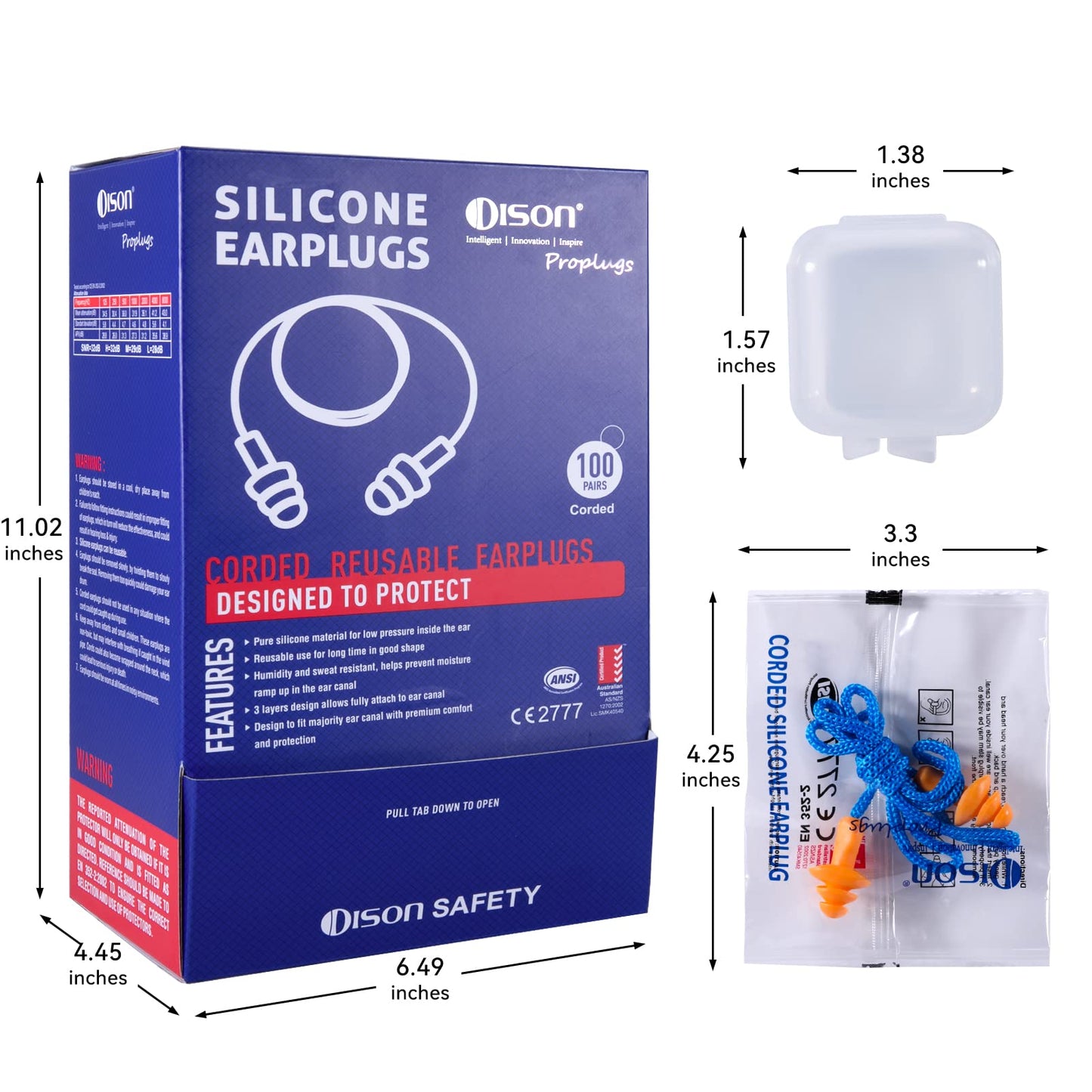 Dison 100Pairs Silicone Ear Plugs, 32dB Corded Reusable Earplugs for Hearing Protection, Noise Reduction for Shooting Range, Work, Travel