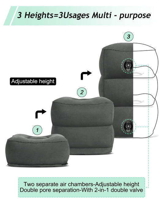 JefDiee Inflatable Travel Foot Rest Pillow, Kids Airplane Bed, Adjustable 3 Layers Height Leg Rest Pillow, Adults Travel Essentials Great for Airplane, Office, Home, Trains, Cars (2 Pack-Dark Grey)