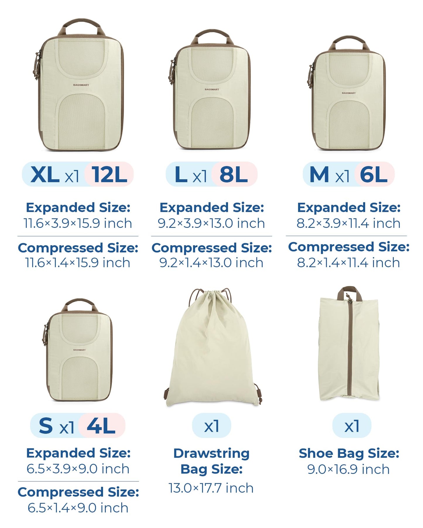 BAGSMART Compression Packing Cubes, 6 Set Packing Cubes for Suitcases, Lightweight Suitcases Organizers Bag Set & Compression Travel Cubes, Travel Essentials Packing Organizers White Opal