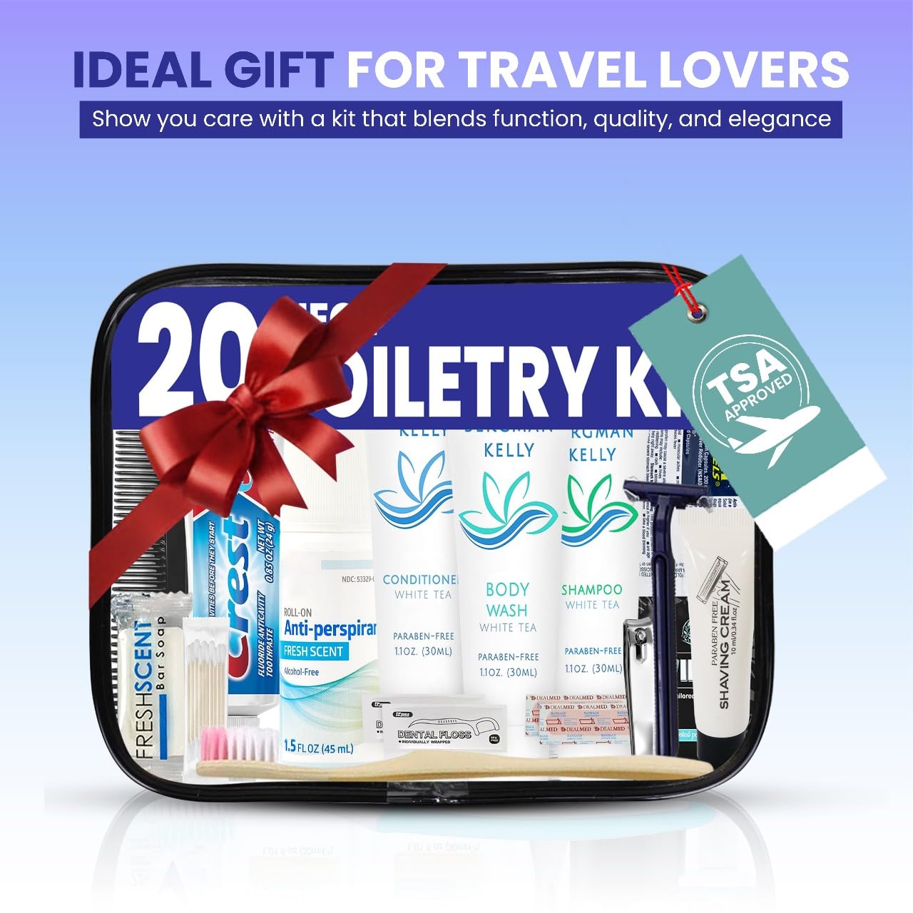 Trektote Travel Toiletry Kit for Men and Women – 20 Piece Set of Travel Size Toiletries, TSA Compliant, Includes Shampoo and Conditioner, Body Wash, Toiletry Bag & More