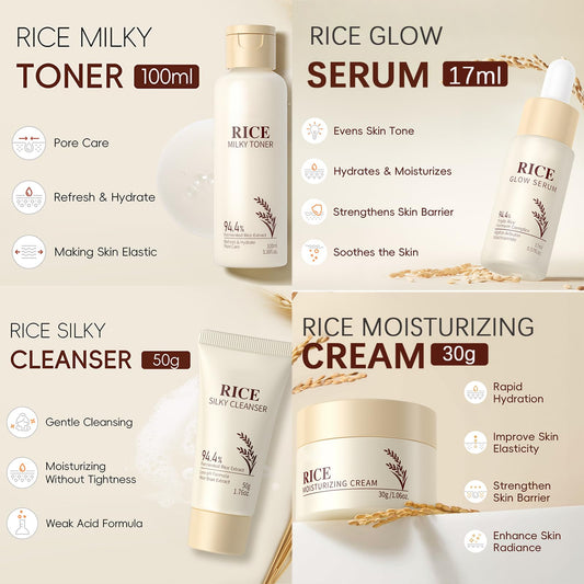Rice Skincare Set for Teen Girl Gifts Birthday - Skin Care for Teens 10-12 - Hydrating Skin Care Routine Kit for Women - Gifts Birthday Facial Kit for Women - Skin Care Set with Cleanser,Serum