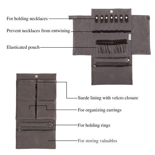 Becko US Jewelry Organizer Roll Travel Jewel Bag case for Multiple Necklaces, Rings, Bracelets, Supple Leather & Suede, Large Capacity Without Crease, Lightweight, Portable & Practical (Dark Blue)