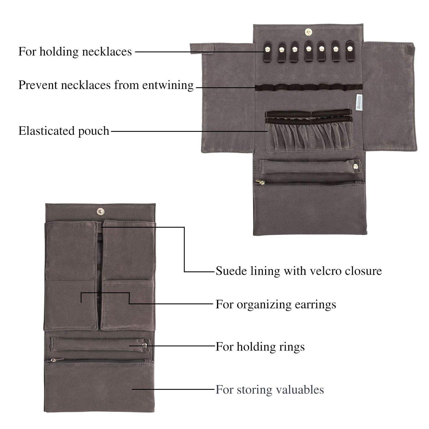 Becko US Jewelry Organizer Roll Travel Jewel Bag case for Multiple Necklaces, Rings, Bracelets, Supple Leather & Suede, Large Capacity Without Crease, Lightweight, Portable & Practical (Dark Blue)