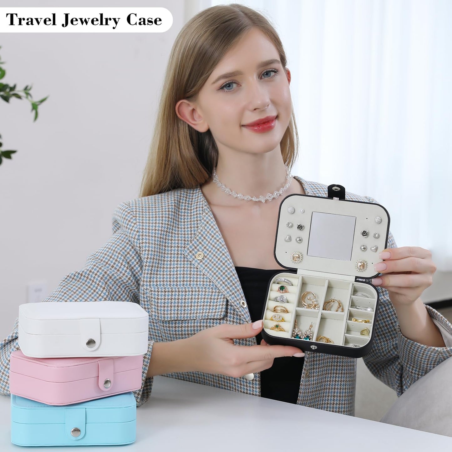 Travel Jewelry Case with Mirror, Small Jewelry Box for Women, Portable Jewelry Organizer Travel, Black Travel Jewelry Case Organizer for Necklaces, Earrings, Bracelets, Lover Gift for Men Women