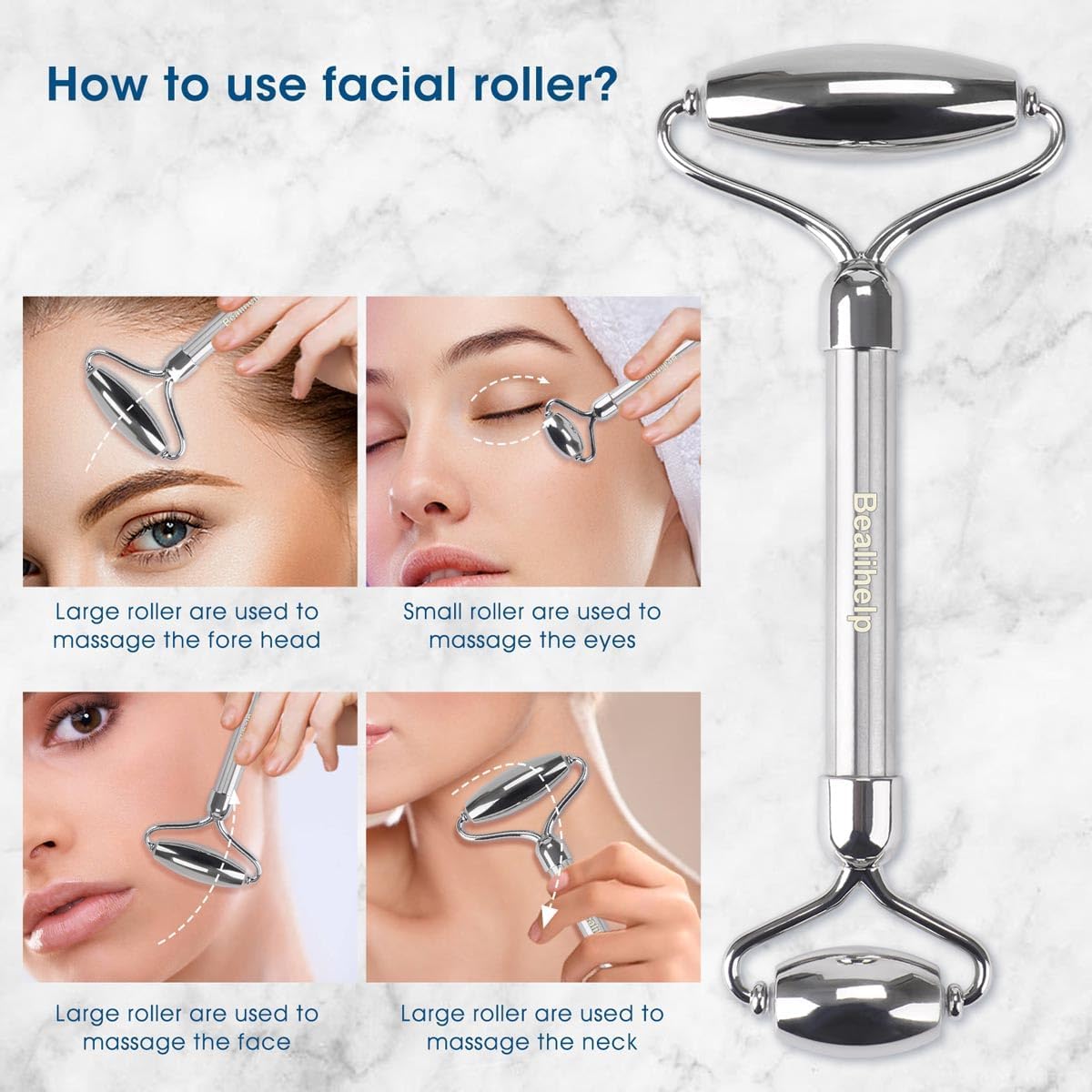 Bealihelp Face Roller & Gua Sha, Stainless Steel Facial Roller and Gua Sha Tool for Face, Skin Care, Anti-Aging, and Lifting