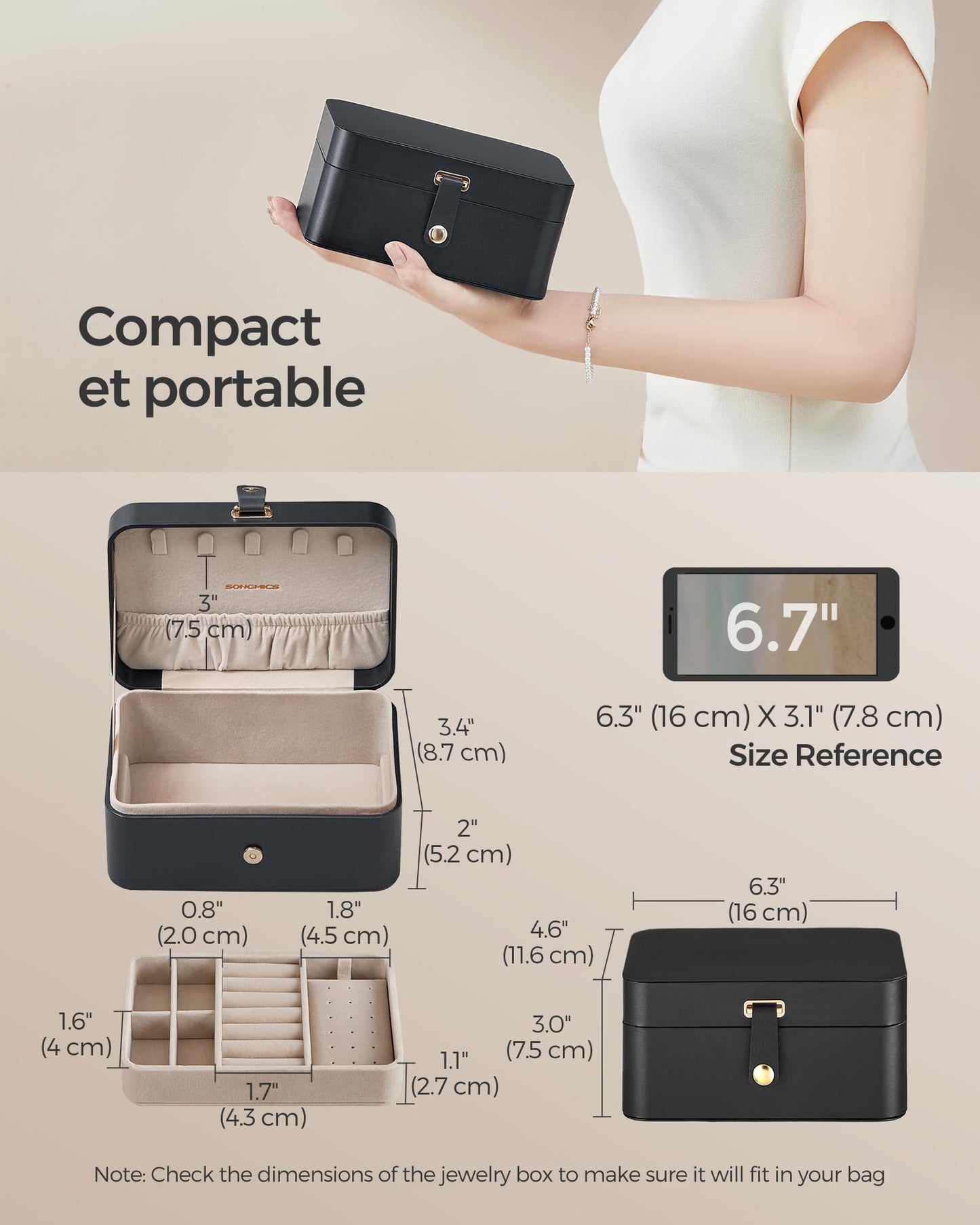 SONGMICS Jewelry Box, Travel Jewelry Case, 2-Layer Jewelry Holder Organizer, Portable Versatile Earring Storage, for Larger Accessories, Ink Black UJBC166B01