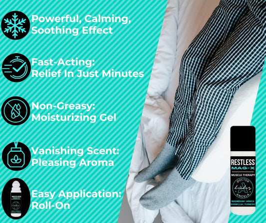 Dr. A's Restless Mag-X – Restless Leg Support Relief Roll-On Gel – Natural Magnesium Oil & Essential Oils for Nighttime Leg Discomfort – Cooling, Calming Formula with Lavender, Arnica & Turmeric – 3oz