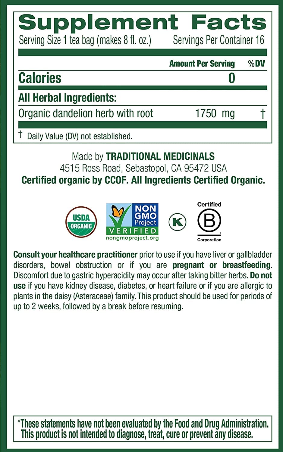 Traditional Medicinals Tea, Organic Dandelion Leaf and Root Tea, 16 Bags (Pack of 2)