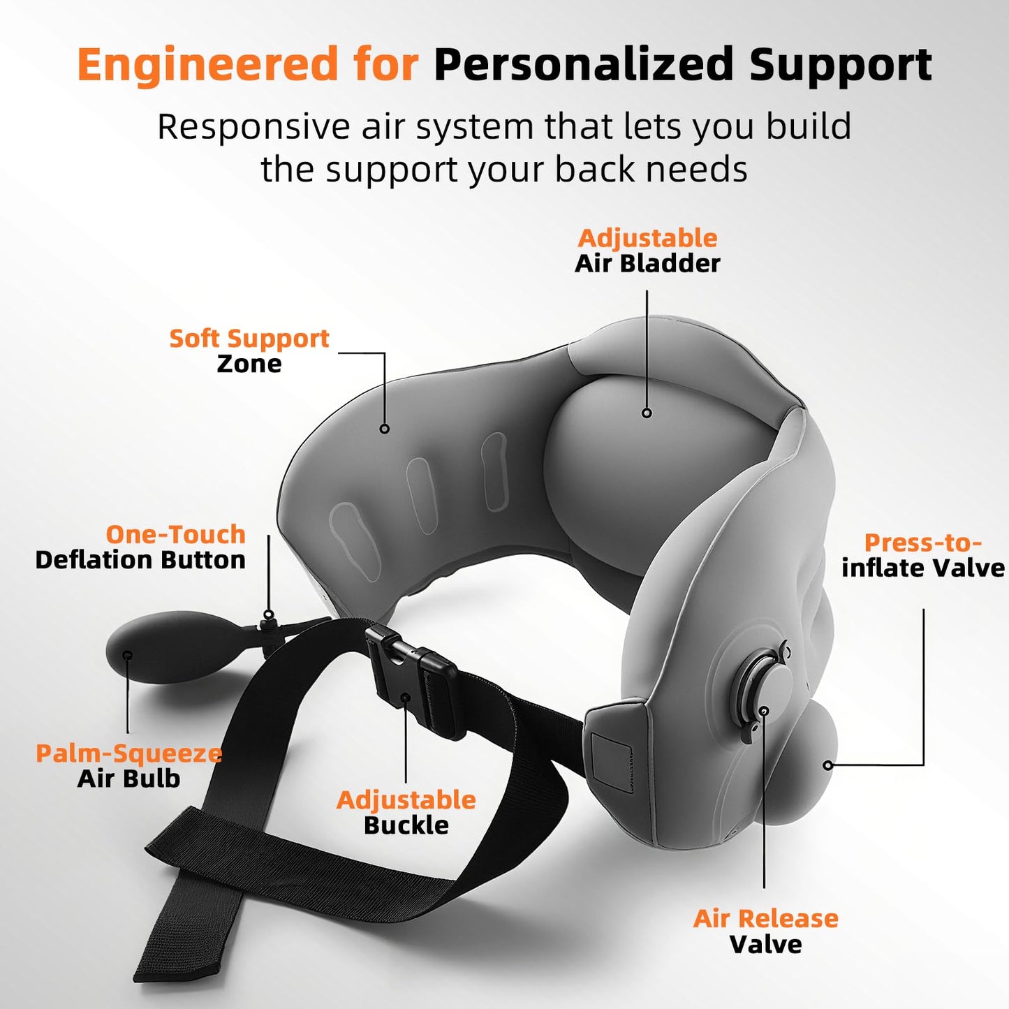 Nufuriri Inflatable Back Support Pillow for Travel – Foldable Travel Back Pillow for Airplane, Office, Car, Home – Adjustable Belt & Hand-Press Inflation, Compact & Lightweight