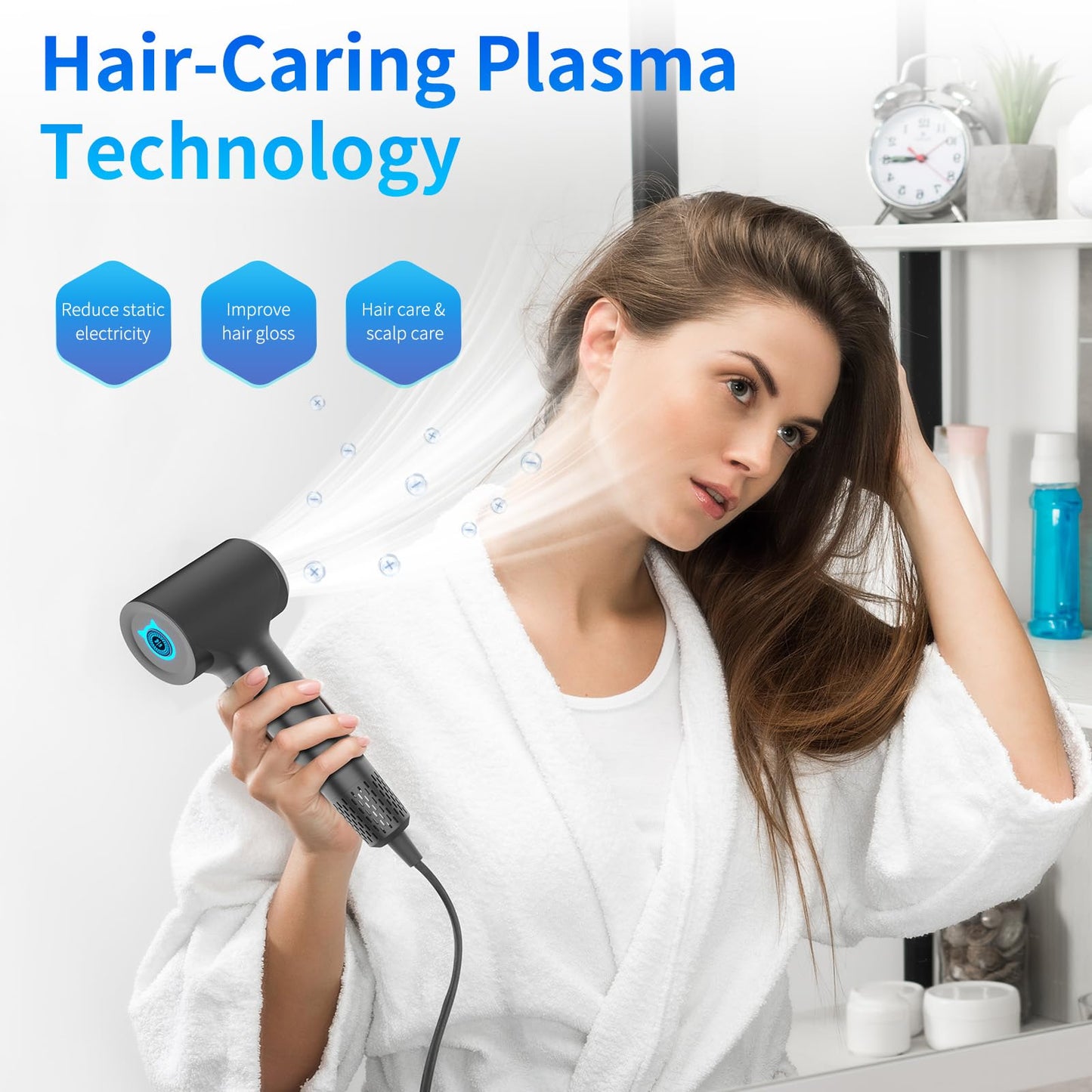 BQSS Hair Dryer,110000rpm Plasma Blow Dryer Positive Negative Ionic Hair Dryers for Women,Portable Travel Hair Dryer with LED Display Concentrator Nozzle,Hair Blow Dryer for Style at Home Travel