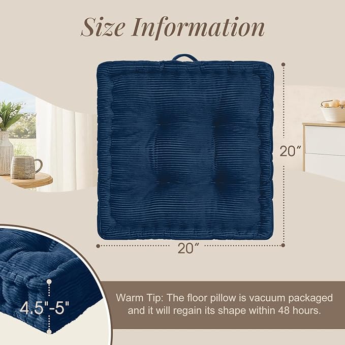 Wellsin Square Floor Pillows for Adults Kids - Meditation Floor Pillow Seating Cushion - Tufted Floor Cushion with Shredded Foam & Velvet Cover, 1 Pack, 20x20 Inch, Dark Blue