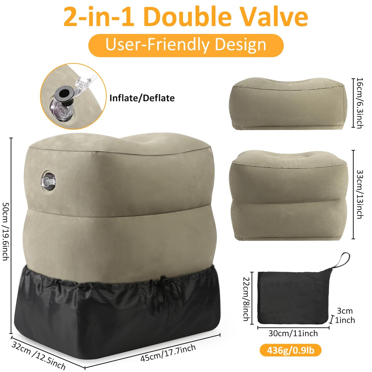 Inflatable Foot Rest Pillow for Travel - Adjustable Height Flight Foot Rest with Eye Mask and Earplugs for Kids & Adults on Airplane, Car, Train, Office, and Home (Gray, 2 PCS)