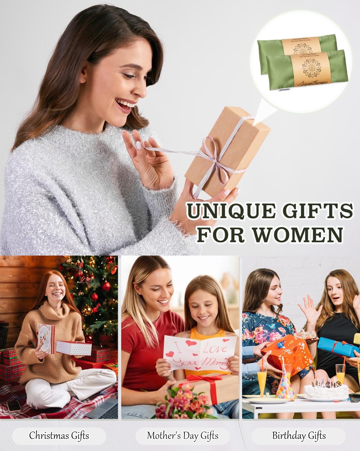 Eye Pillow for Sleeping, Headache Relief, Sinus Pressure, Weighted Eye Mask for Relaxation, Yoga, Moist Heat Eye Compress, Meditation Accessories, Lavender Gift Set for Women (Green (Silk))