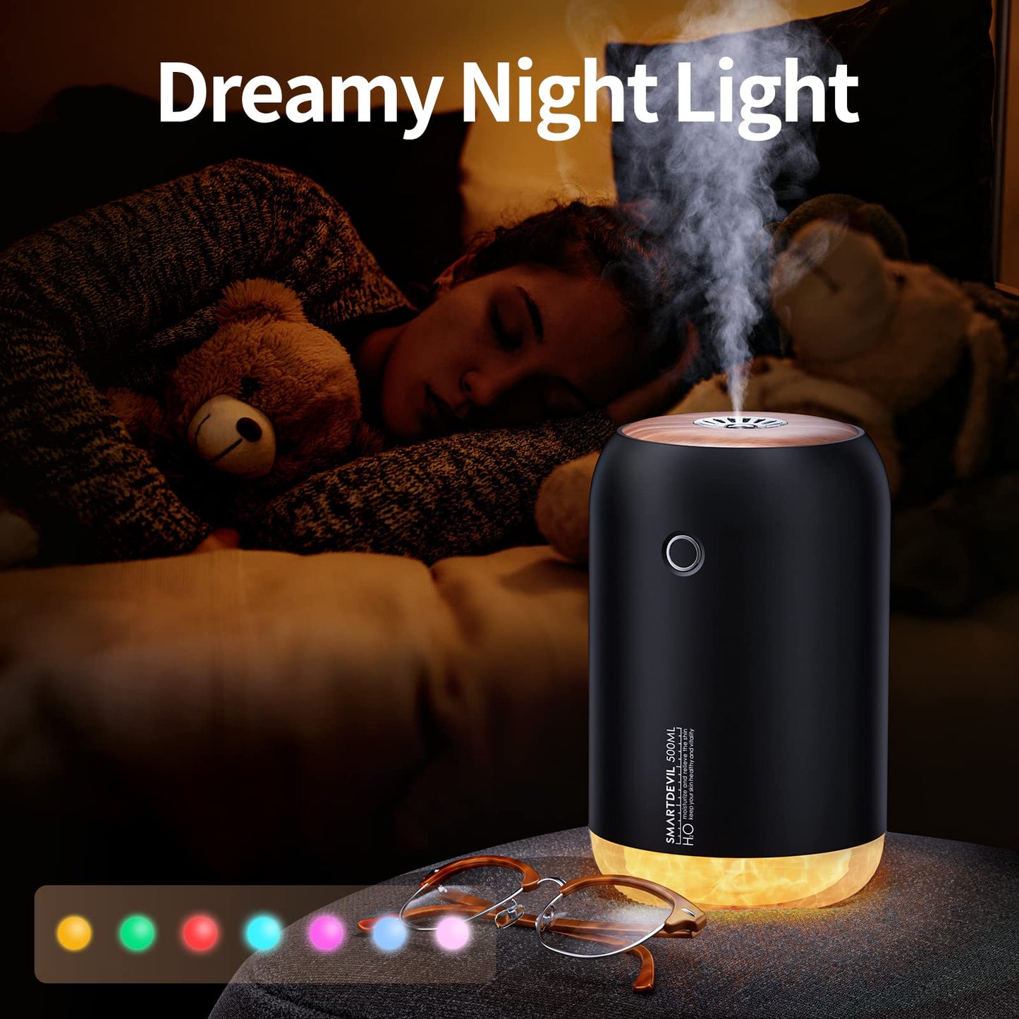 SmartDevil Portable Mini Humidifier, 500ml Desk Plant Humidifier, USB Personal for Bedroom, Office with Night Light, 2 Mist Modes, Black