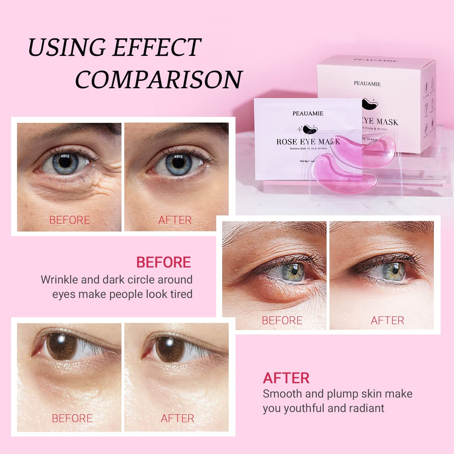 PEAUAMIE Under Eye Patchs Rose Eye Mask for Dark Circles and Puffiness Wrinkle Eye Bags 30 Pairs