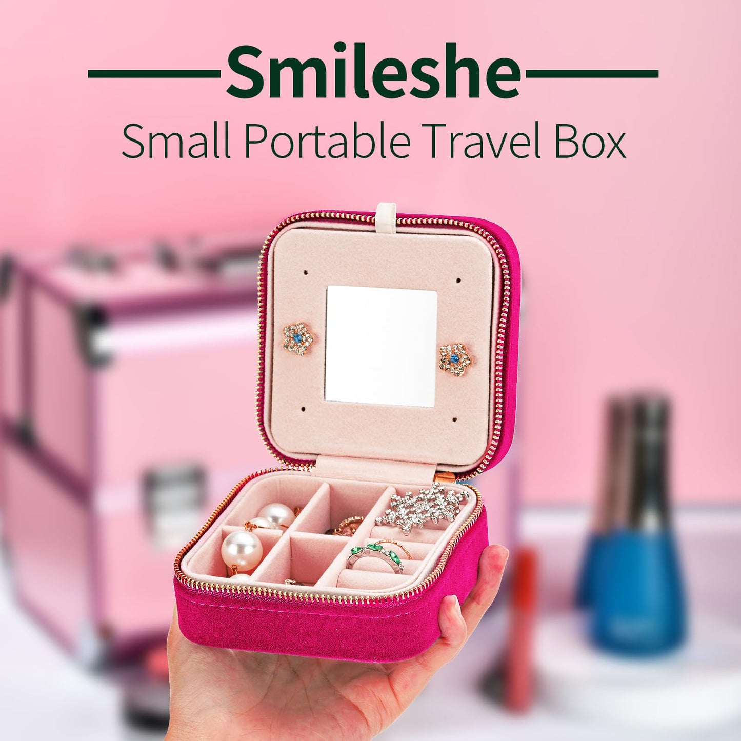 Travel Velvet Jewelry Box with Mirror, Mini Gifts Case for Women Girls, Small Portable Organizer Boxes for Rings Earrings Necklaces Bracelets