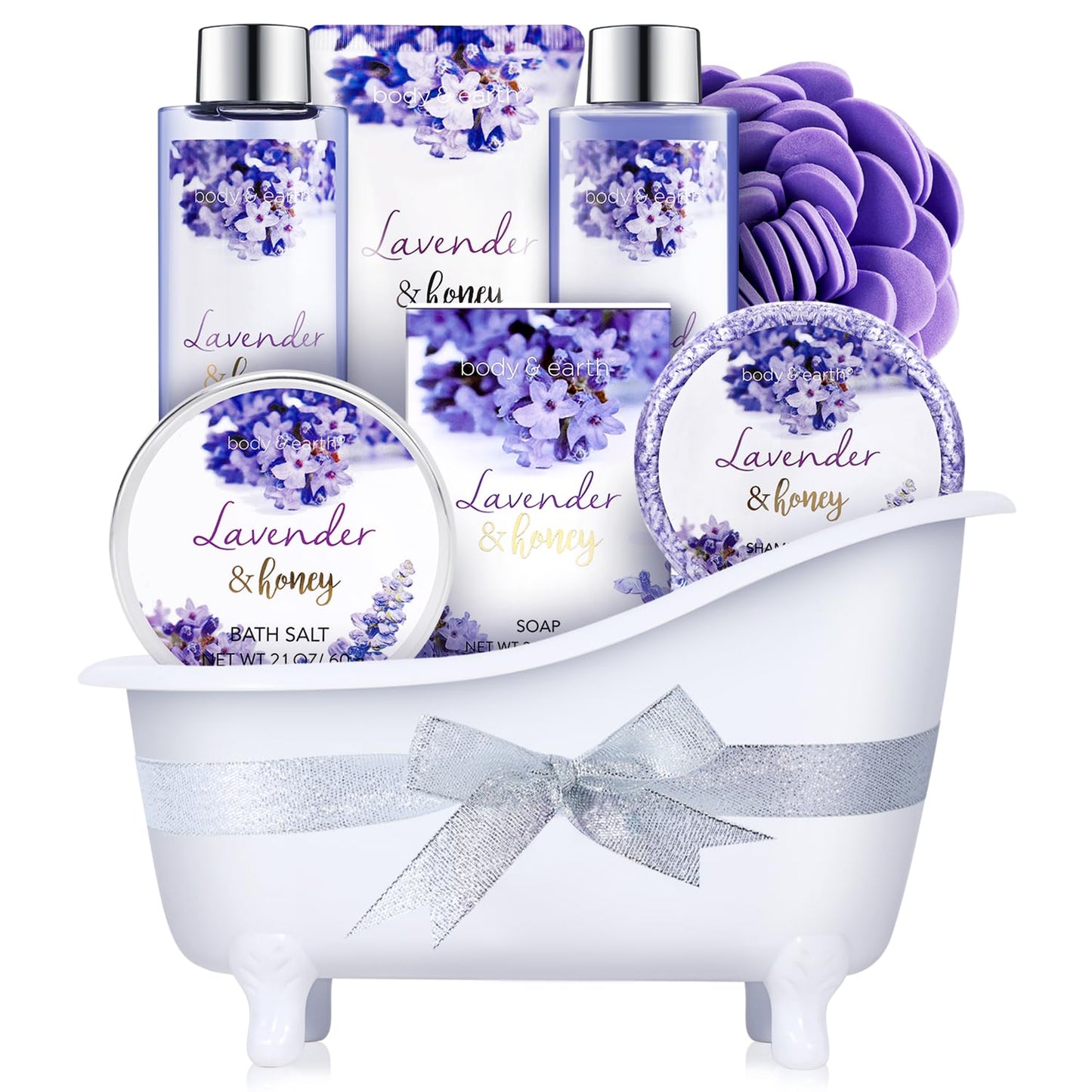 Bath and Body Gift Set - Lavender Gifts for Women, Body & Earth Bath & Shower Sets, 8 Pcs Lavender Honey Gift Sets with Bubble Bath, Lotion Set, Soap, Spa Kit for Women, Christmas Gifts for Mom