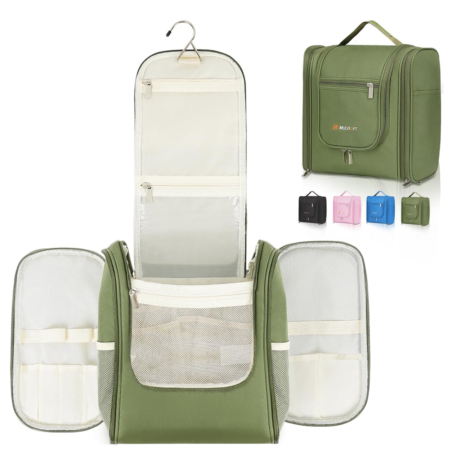 MULISOFT Travel Toiletry Bag for Women & Man, Extra Large Toiletry Bag, Portable Hanging Toiletries Bag, Water Resistant Dopp Kit for Toiletries, Cosmetics, Big Comparment Travel Makeup Bag, Green