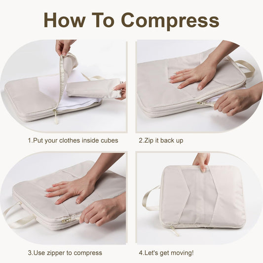 10 Set Compression Packing Cubes for Travel, Suitcase Organizer Bags Set for Travel Accessories, Lightweight Essentials, Beige