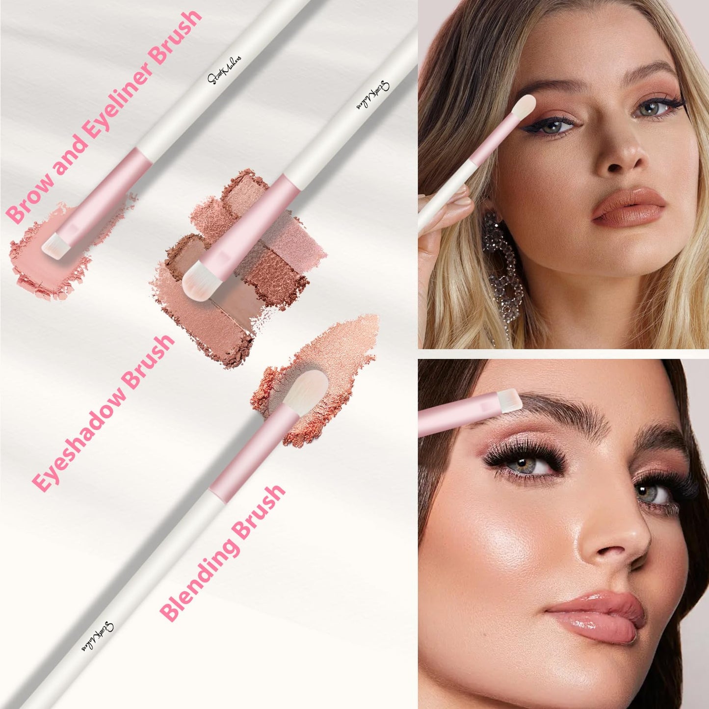 START MAKERS Makeup Brushes 5Pcs Dual Ended Pink Makeup Brush Set for Foundation Blush Bronzer Concealer Contour Powder Highlight Eyebrow Eyeshadow Blending, Travel Makeup Brushes with Bag