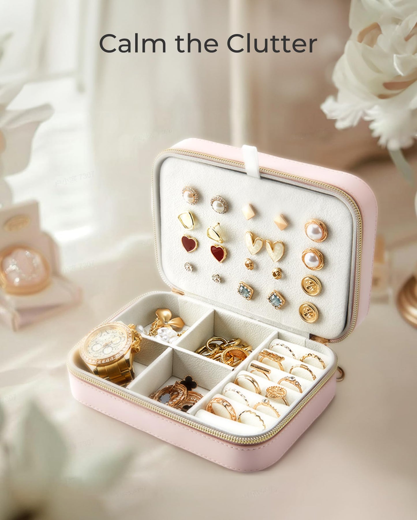 BAGSMART Travel Jewelry Box, Small PU Leather Jewelry Organizer, Portable Double Layer Case for Necklaces, Rings, Earrings, Bracelets, Pink