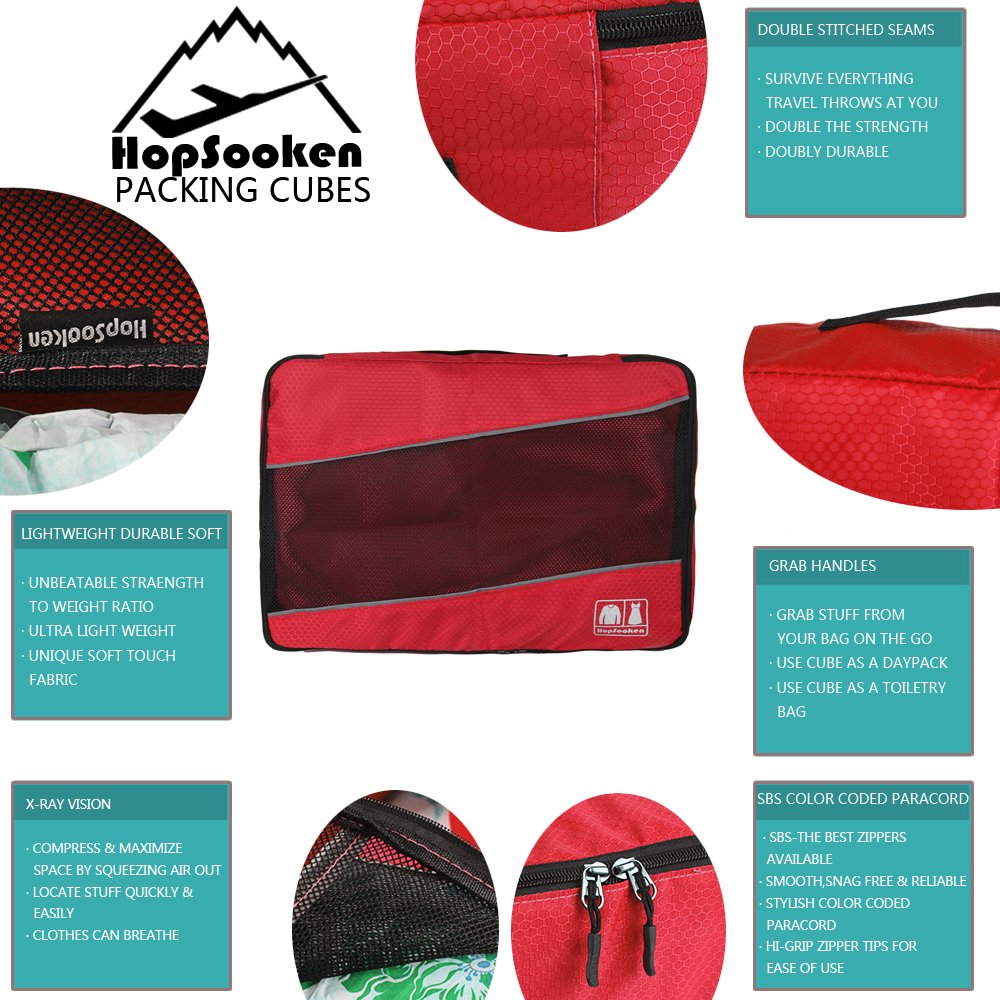 Hopsooken 5 Set Packing Cubes for Travel Large Suitcase Luggage Organizer Bags Travel Accessories Vacation 4 Cubes 1 Laundry Pouch Bag(Red)