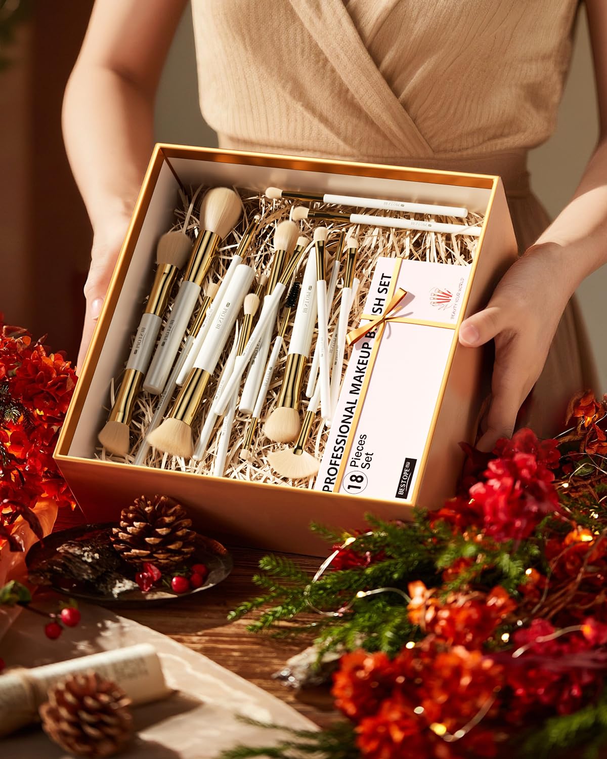 Makeup Brushes Set Professional BESTOPE PRO - 18 Pcs,Double Ended Foundation Concealer Blush Eyeshadow Contour Eyeliner Face Makeup Brush Set,Blending Brush For Makeup With Case Travel,White