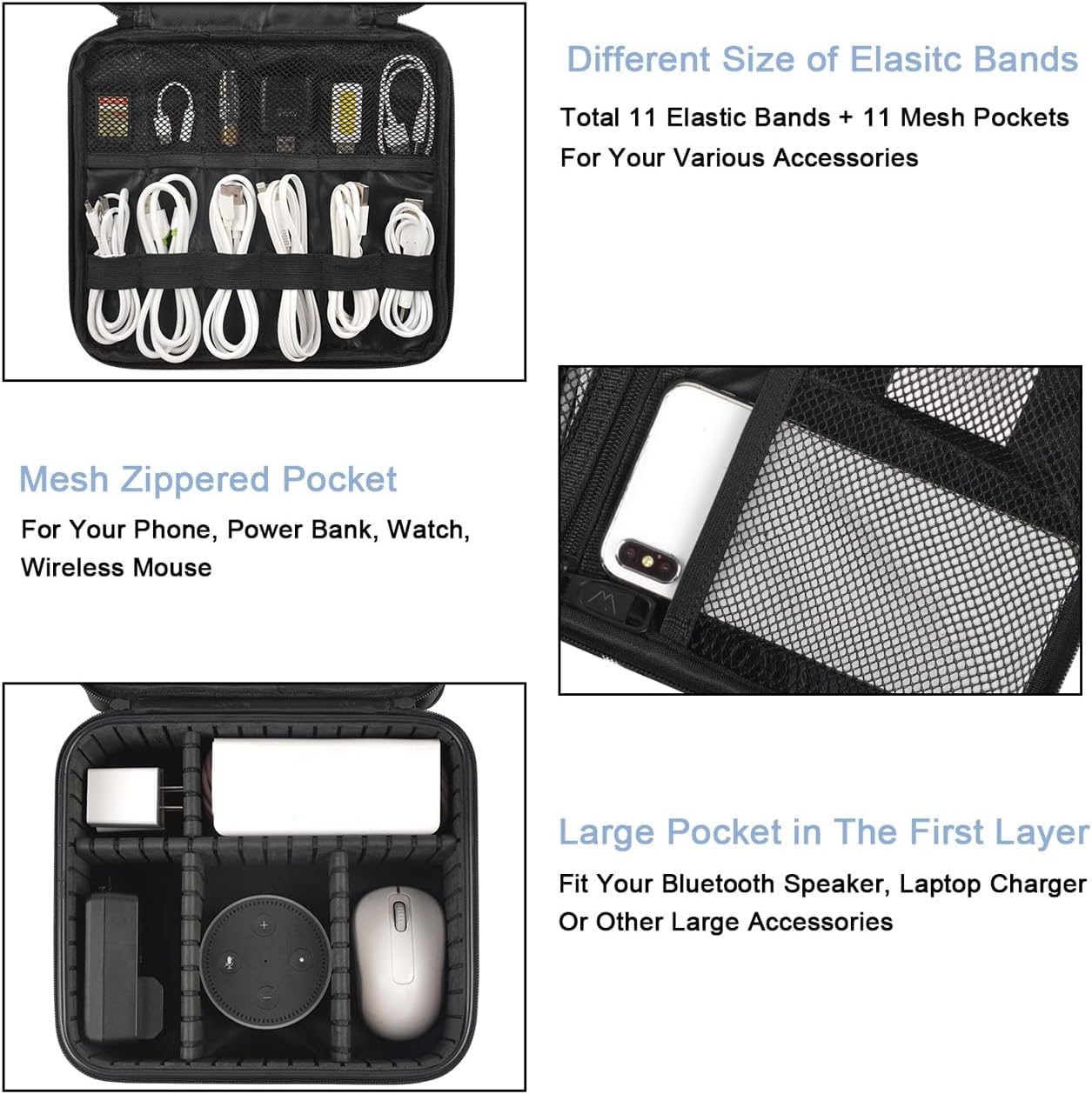 MATEIN Cable Organizer Bag, Waterproof Travel Electronic Storage with Adjustable Divider, Shockproof Portable Double Layer Tech Bag Carrying Case for Cord, Earbuds, Charger, SD Card, DJ Gifts, Black