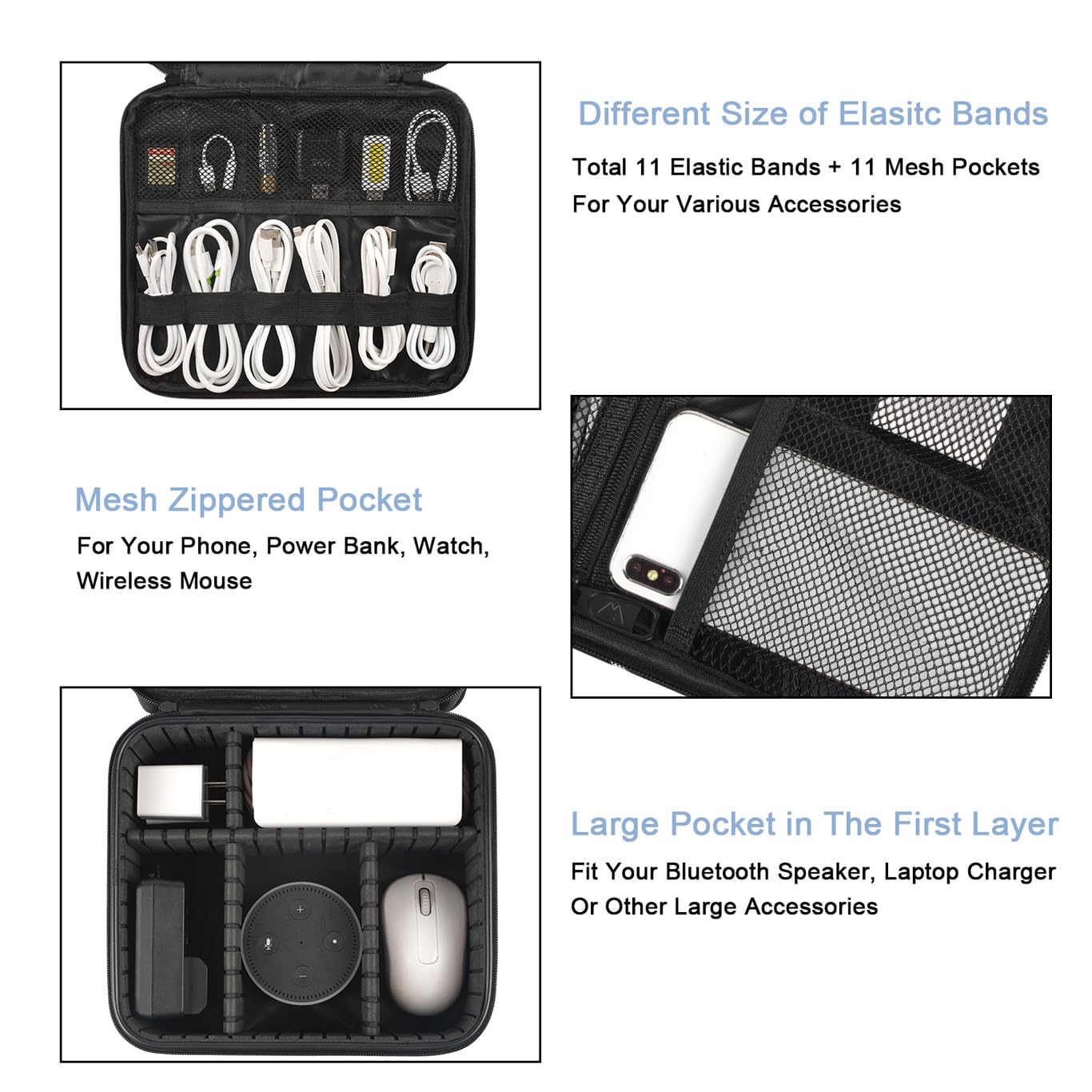 MATEIN Cable Organizer Bag, Waterproof Travel Electronic Storage with Adjustable Divider, Shockproof Portable Double Layer Tech Bag Carrying Case for Cord, Earbuds, Charger, SD Card, DJ Gifts, Black