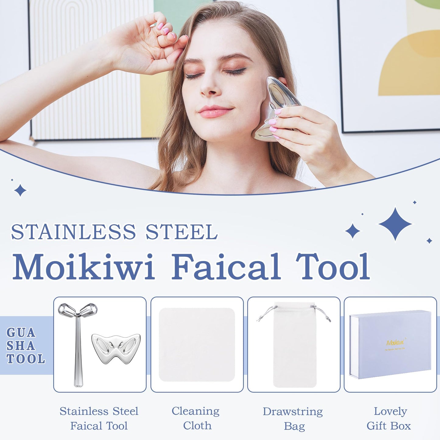 Moikiwi 2PCS Gua Sha Cooling Facial Tool, Stainless Steel Massage Tool, Scraper Tool for Soft Tissue Physical Therapy Stuff, Guasha Beauty Tool for Body Eyes Neck, HD