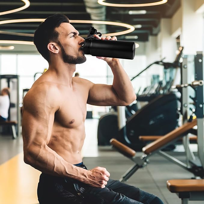 24oz Insulated Water Bottle with Straw Lid, Stainless Steel Metal Water Bottle with Straw & Wide Mouth Lid, Double Wall Vacuum Water Bottle for Hiking Camping, Black 4 Pack