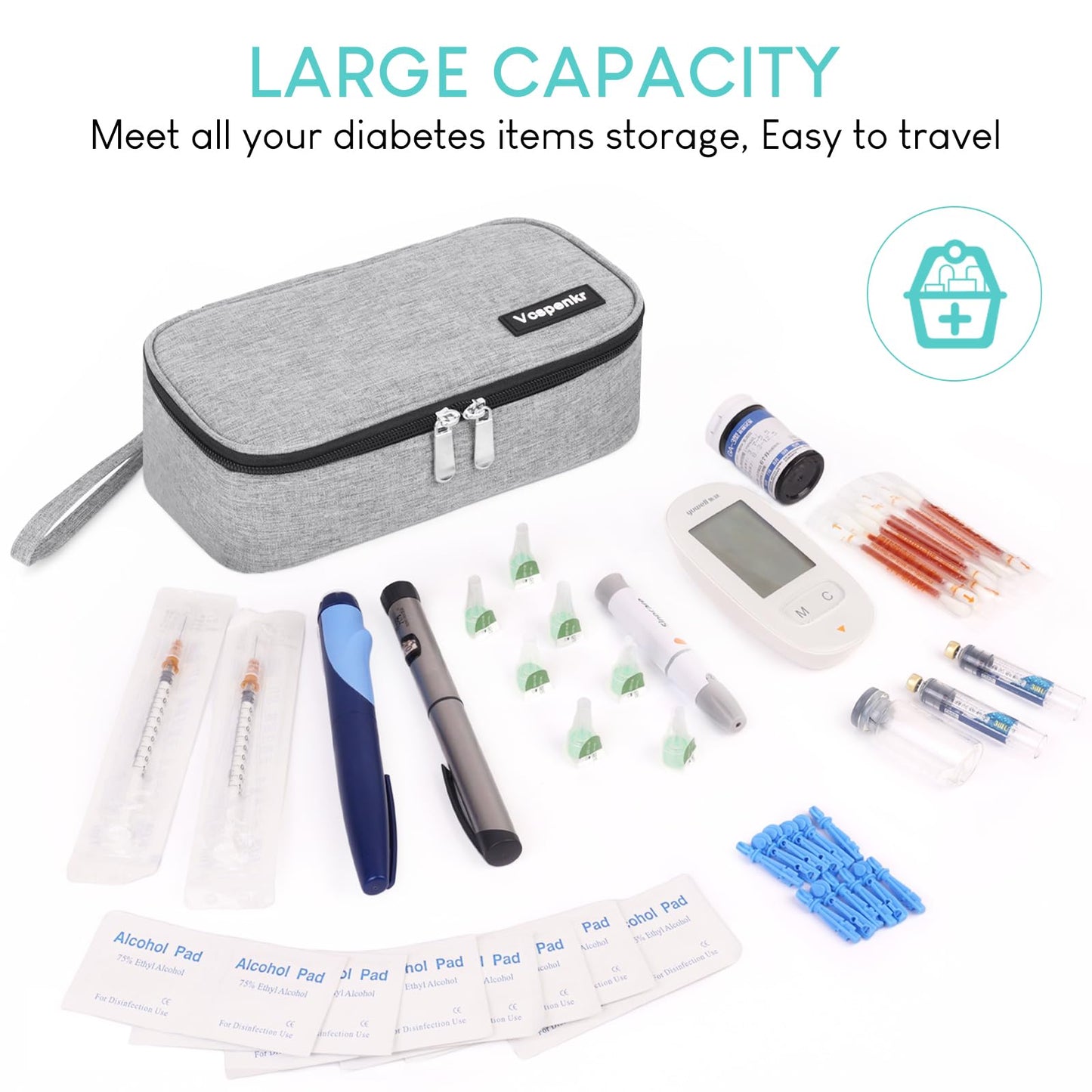 Vcspenkr Insulin Cooler Travel Case, Diabetic Medicine Carrying Bag with 2 * 200g Ice Packs, Large Capacity Insulated Organizer Medication Cooler Bag for Insulin Pens and Diabetes (Gray)