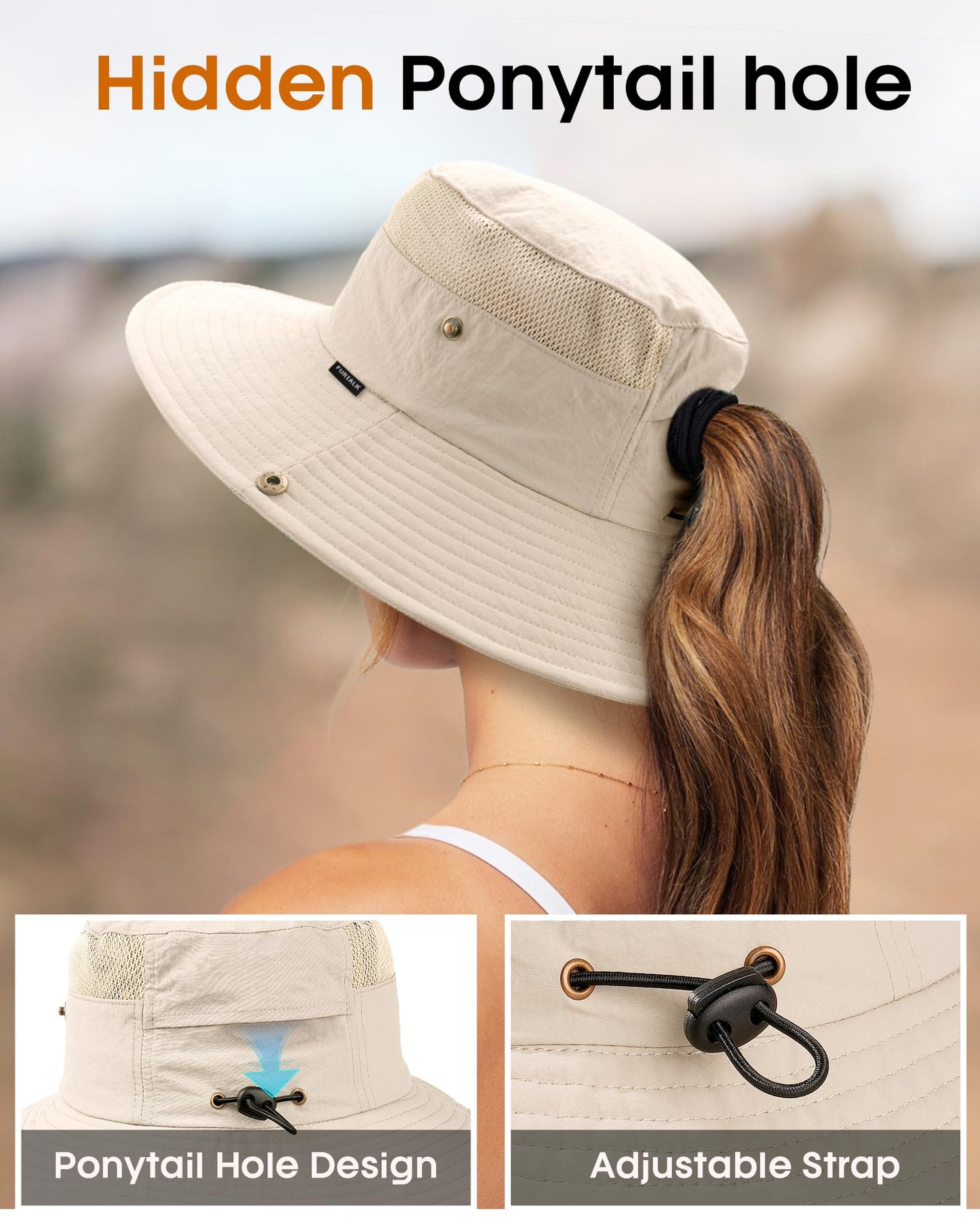 FURTALK Sun Hats for Women with Ponytail Hole Beach Hiking Summer Wide Brim Outdoor UV Protection Packable Bucket Safari Hat Beige