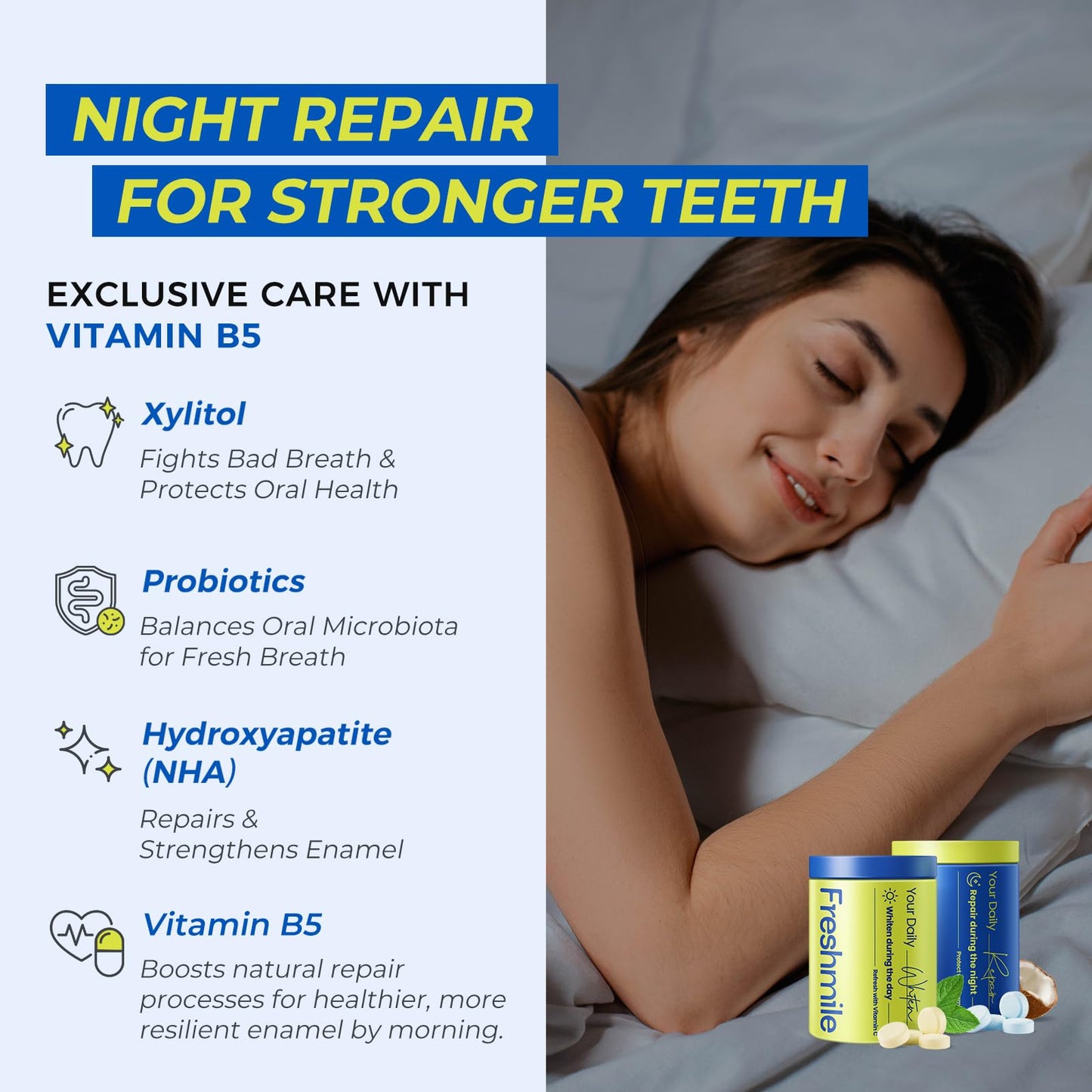 Freshmile Whitening Toothpaste Tablets with Nano-Hydroxyapatite (NHA), Natural Teeth Whitening & Repair, Xylitol for Fresh Breath, Fluoride-Free, Protects Sensitive Teeth & Gums (120 Count)